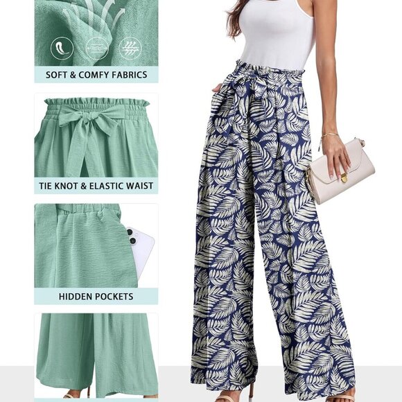 High Waisted Palazzo Pants Work Casual Flowy Tie Knot Trousers with Pockets - Picture 2 of 5
